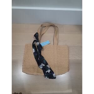 NWT Draper James Everyday Straw Shoulder Bag Purse - Natural & Dk Blue Lining